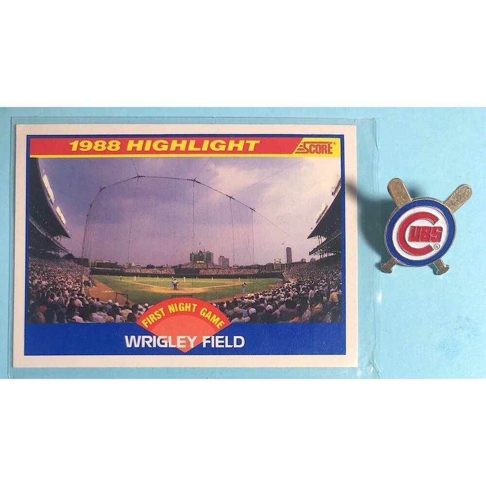 1989  Score Cubs 1st Night- Let there be Lights Card #652 &Cubs Crossed Bats Pin